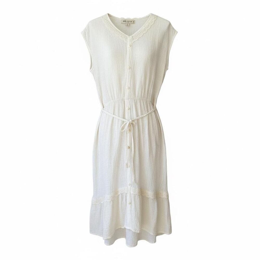 Vintage 90s/Y2K Cream Gauze Ruffle midi Dress Tie Waist Cottagecore size S